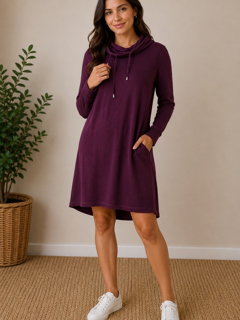 KEREN hart  Purple Plum Long Sleeve Cowl Neck Swing Dress